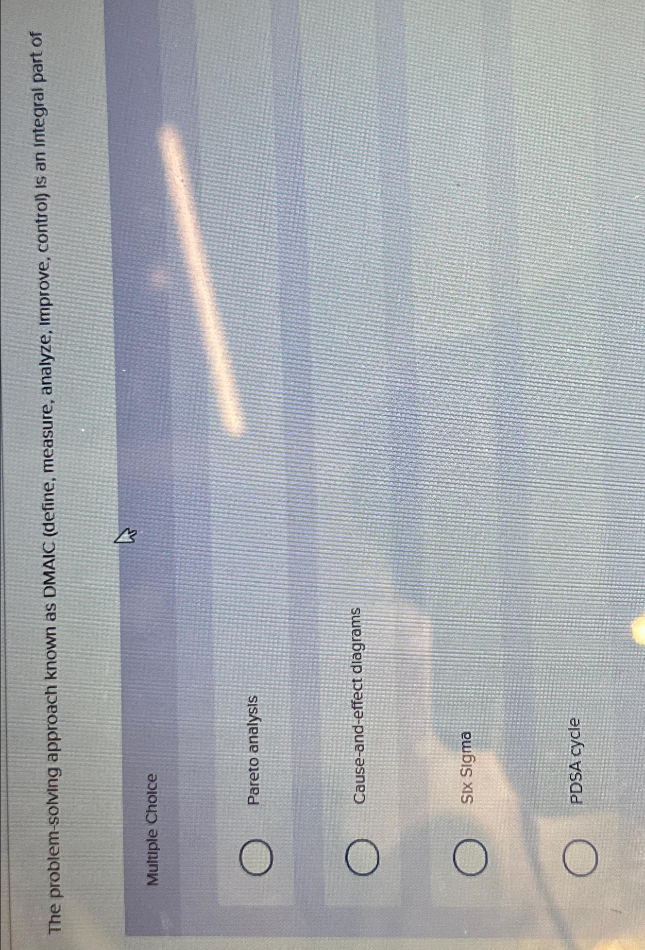  The problem-solving approach known as DMAIC (define, measure, analyze, improve, control)