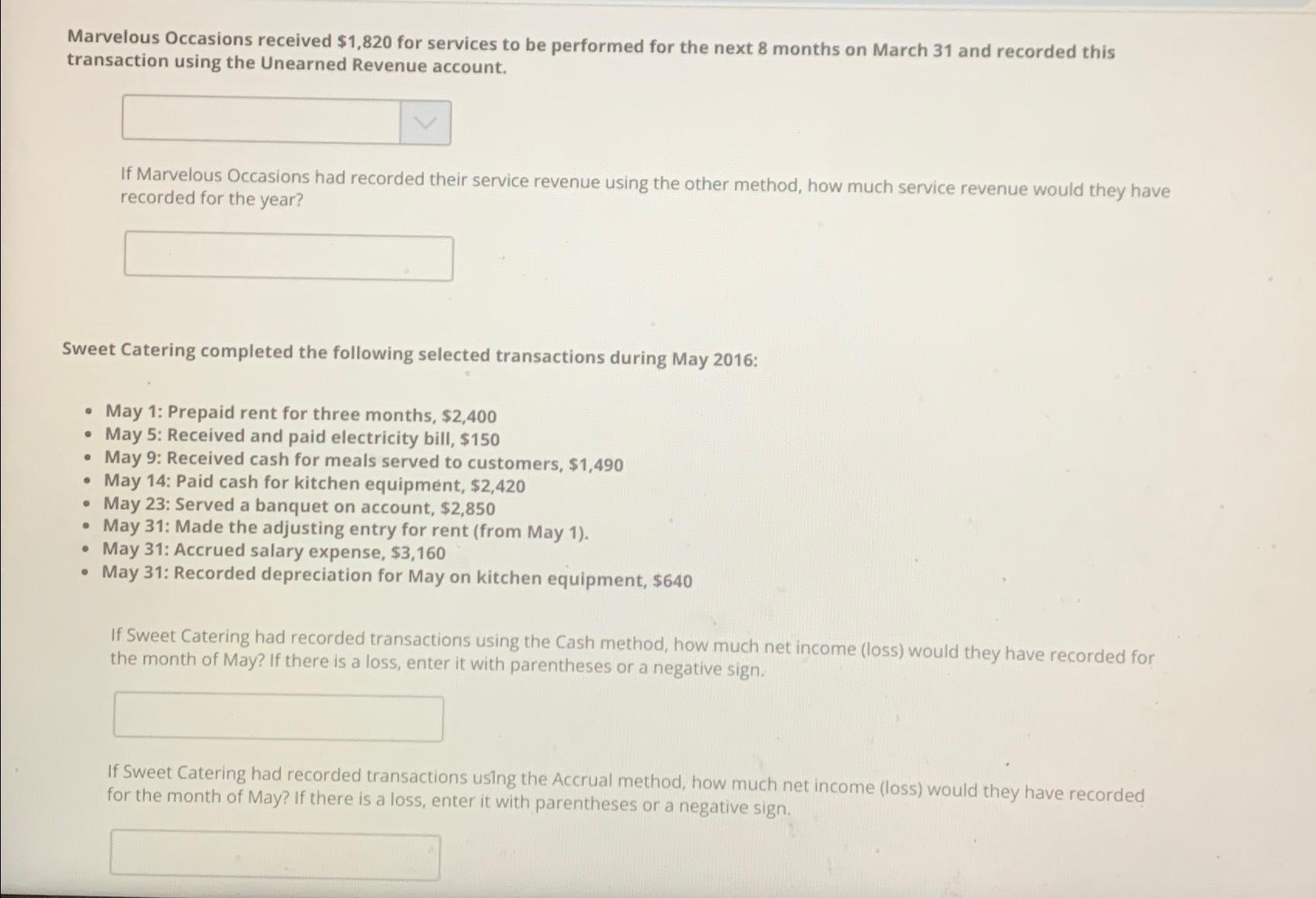  Marvelous Occasions received $1,820 for services to be performed for the