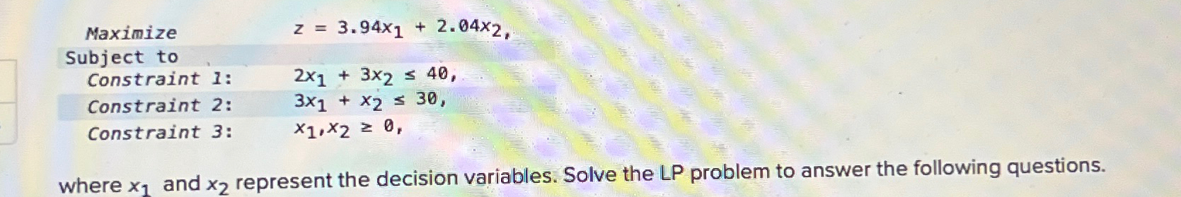  \table[[Maximize,z=3.94x1+2.04x2,],[Subject to,2x1+3x240,],[Constraint 1:,3x1+x230,],[Constraint 2:,x1,x20 