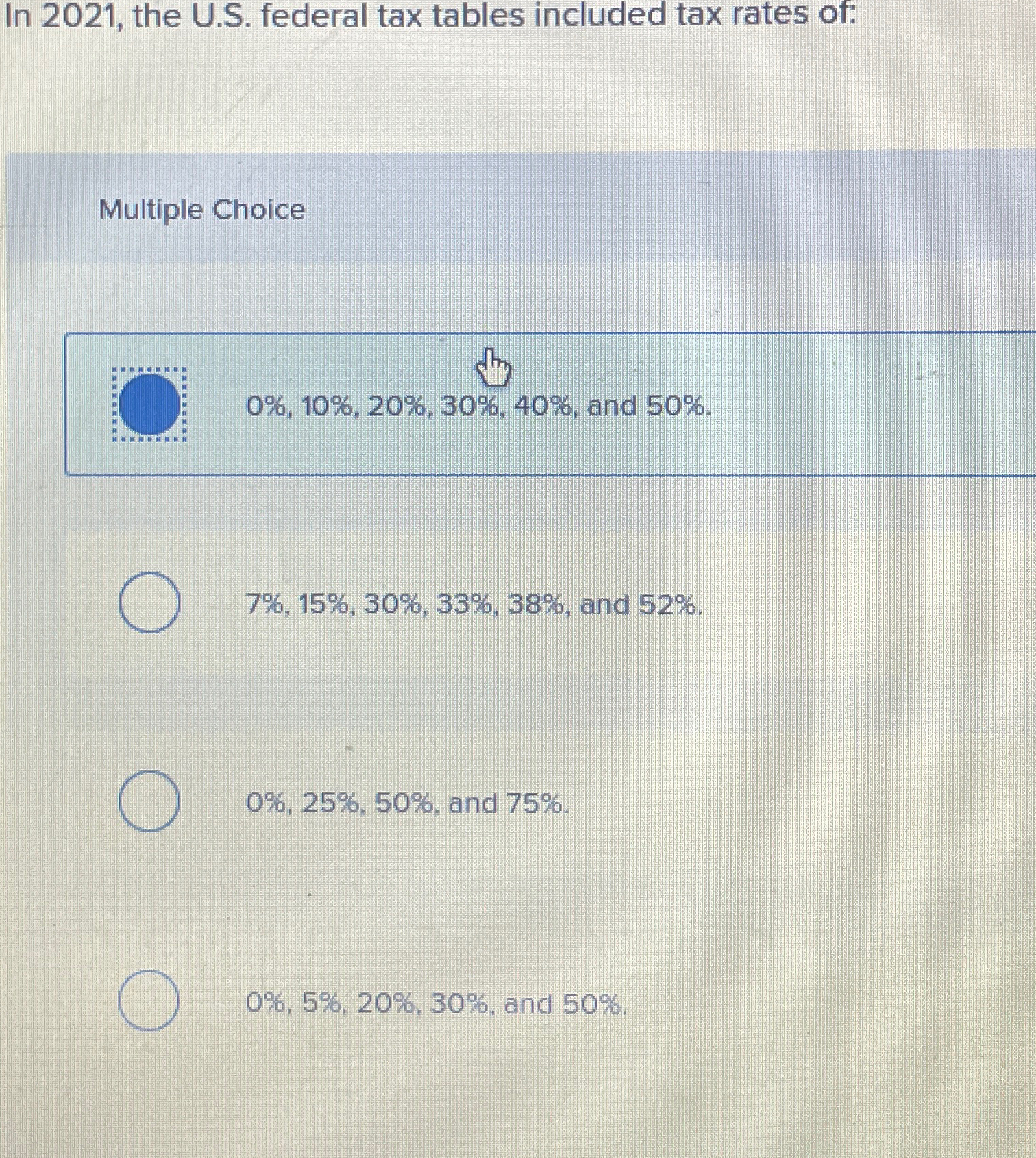  In 2021, the U.S. federal tax tables included tax rates of:
