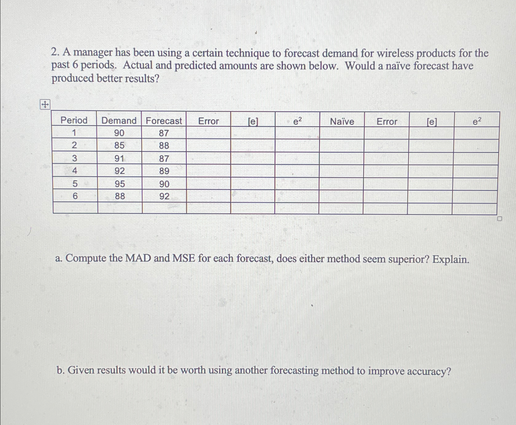  A manager has been using a certain technique to forecast demand
