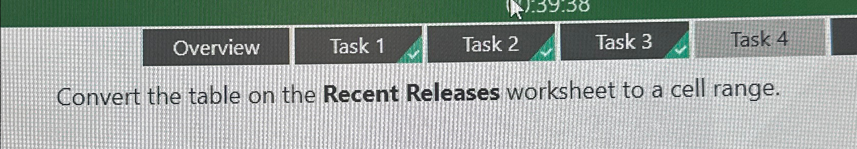  \table[[Overview,Task 1,Task 2,Task 3,Task 4]] Convert the table on the Recent