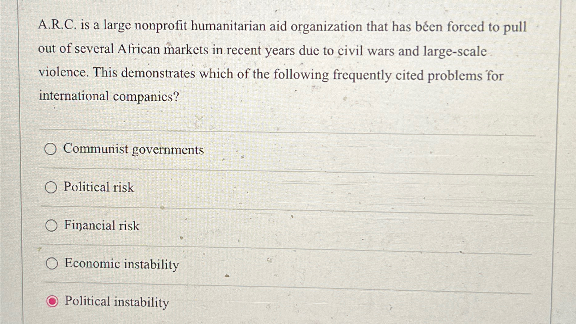  A.R.C. is a large nonprofit humanitarian aid organization that has ben