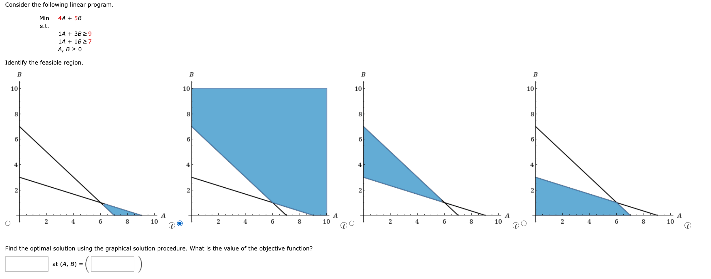  Consider the following linear program. Min 4A+5B s.t. ,1A+3B9 ,1A+1B7 ,A,B0