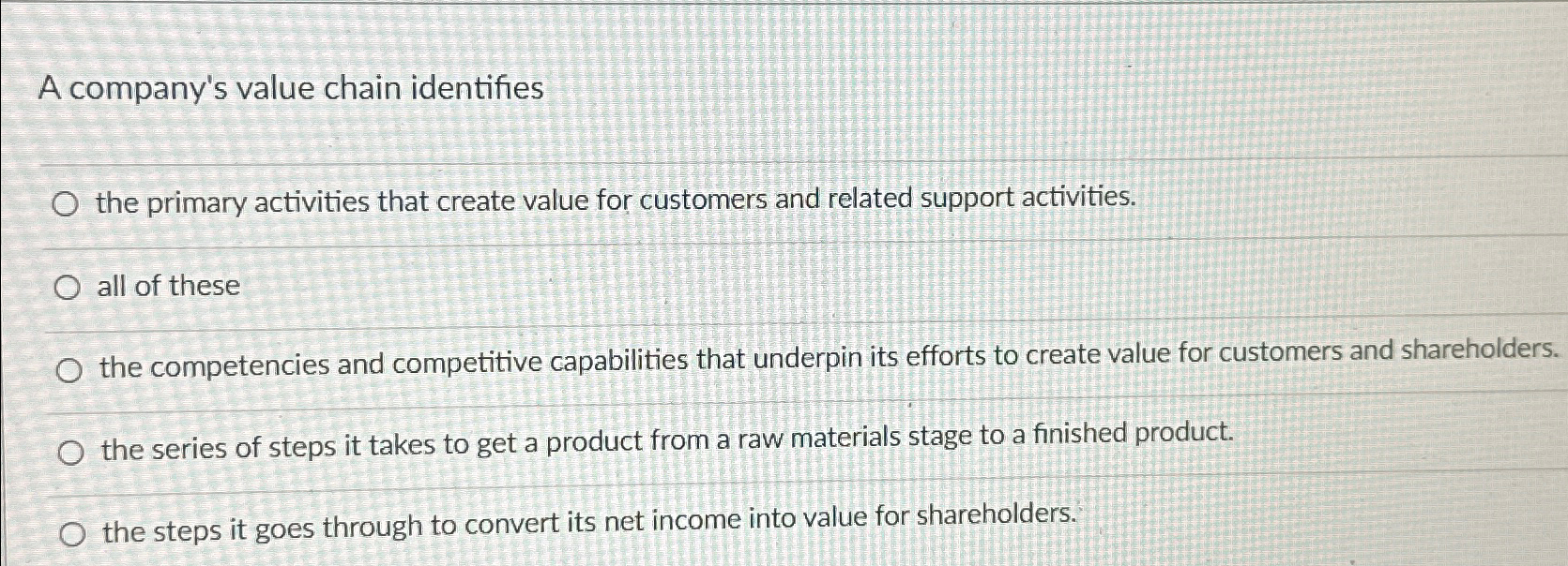 A company's value chain identifies the primary activities that create value