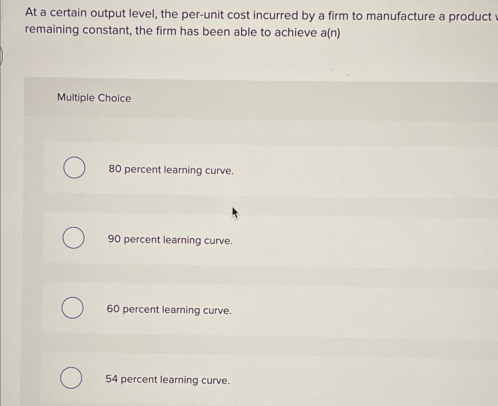  At a certain output level, the per-unit cost incurred by a