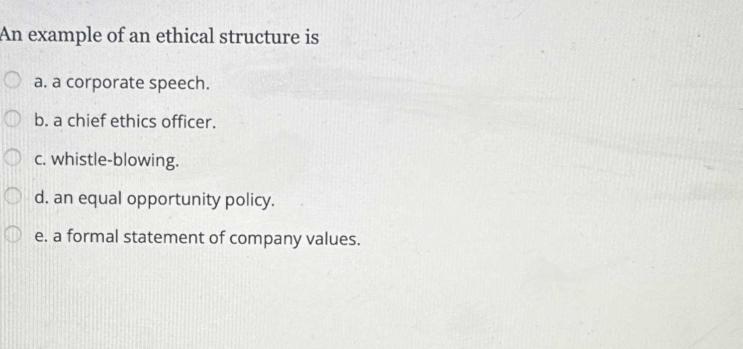  An example of an ethical structure is a. a corporate speech.