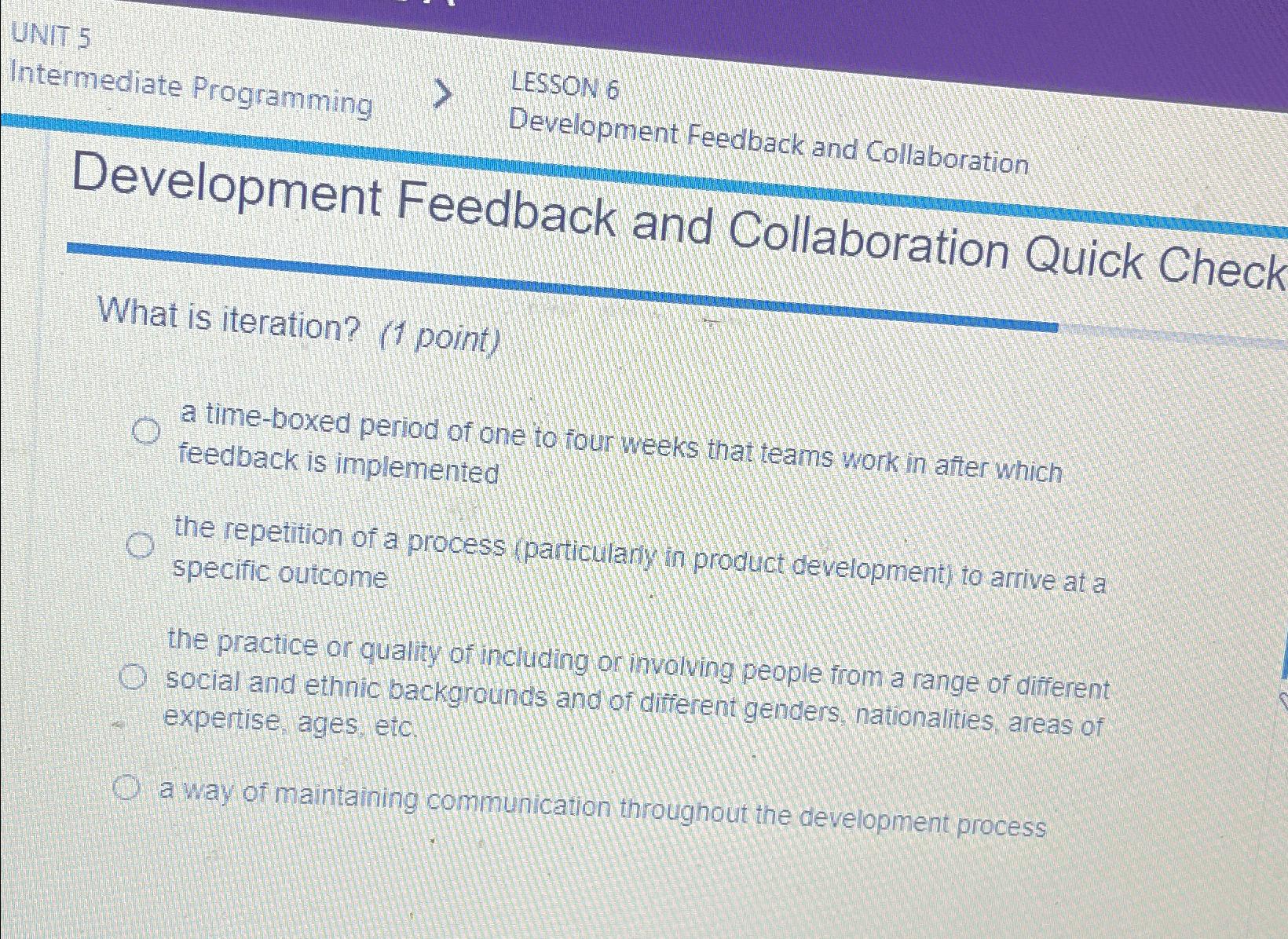  UNIT 5 Intermediate Programming > LESSON 6 Development Feedback and Collaboration