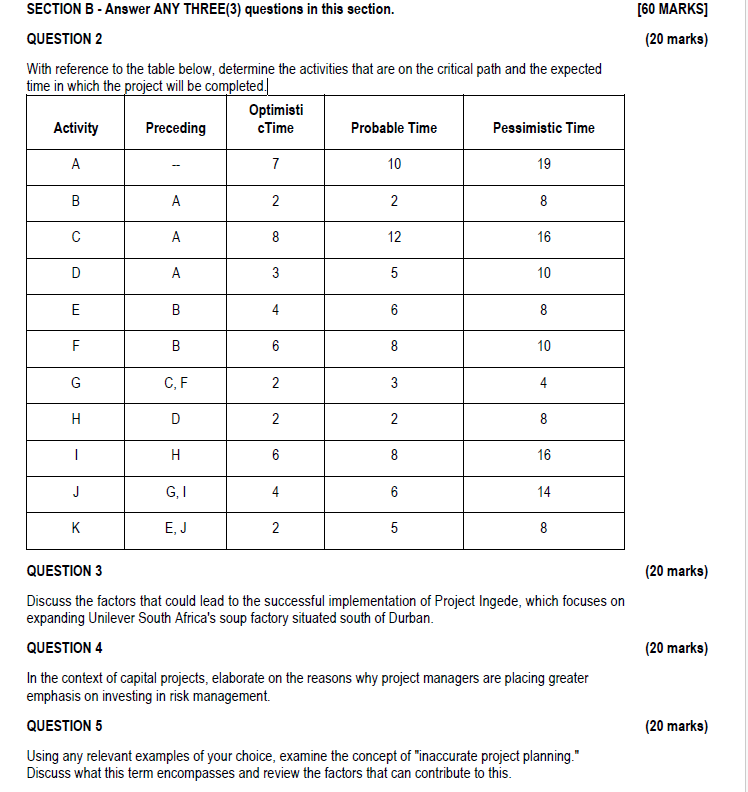 With reference to the table below, determine the activities that are
