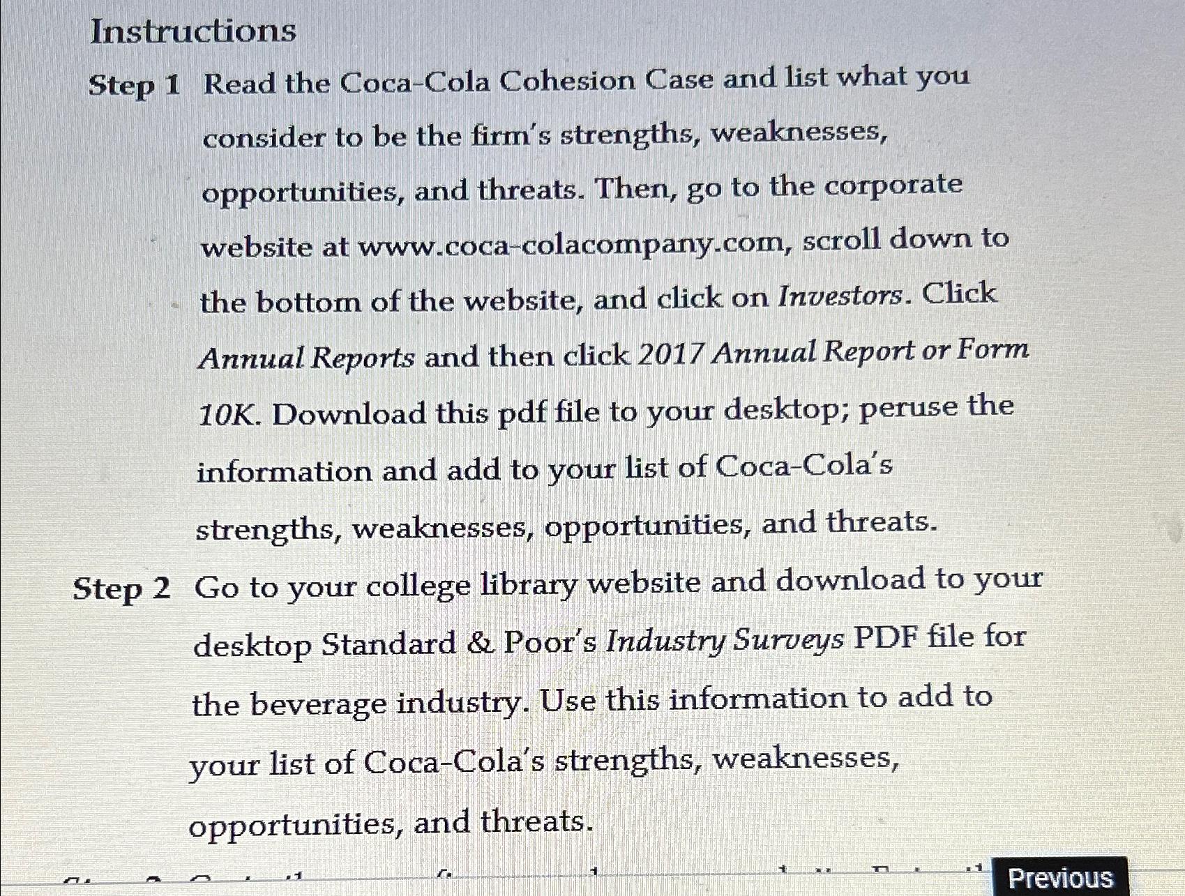 Instructions Step 1 Read the Coca-Cola Cohesion Case and list what