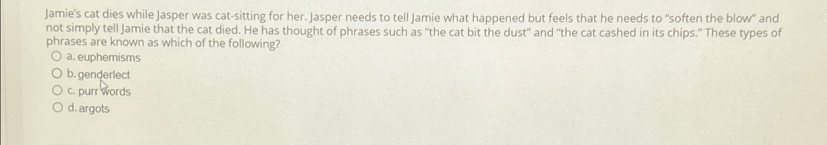  Jamie's cat dies while Jasper was cat-sitting for her. Jasper needs