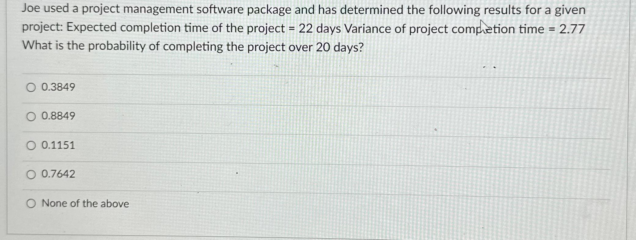 Joe used a project management software package and has determined the