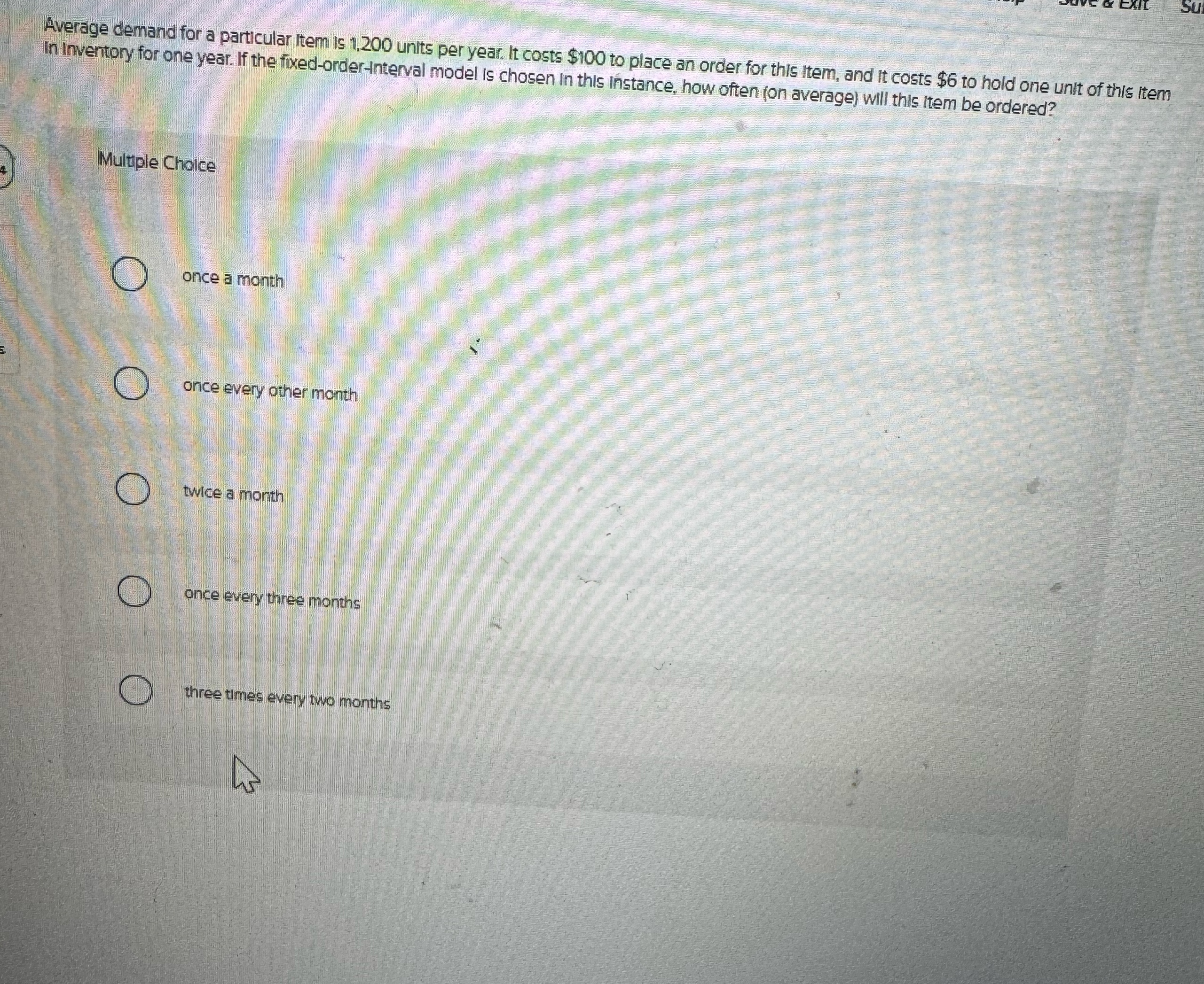  Average demand for a particular item is 1,200 units per year.