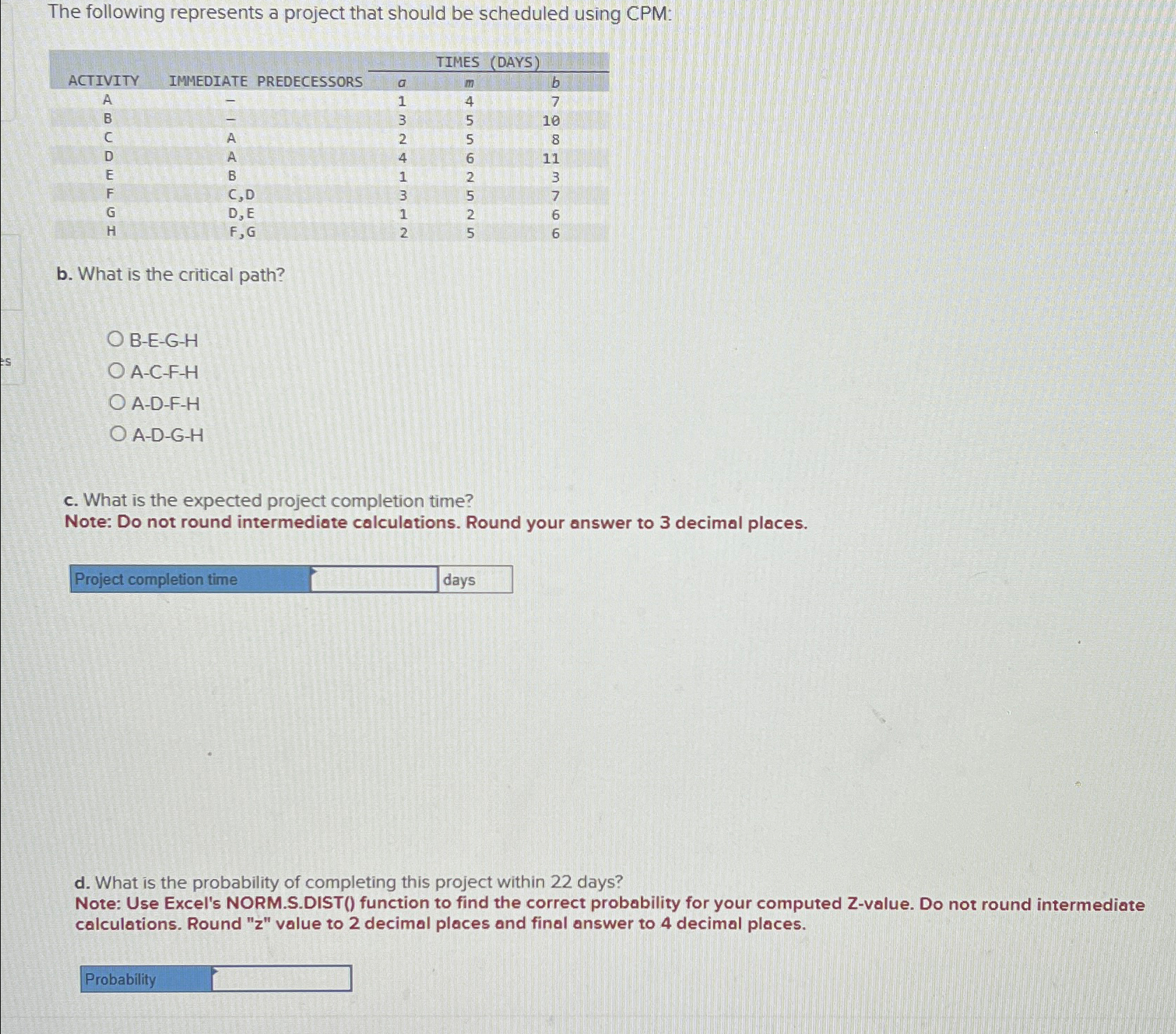  The following represents a project that should be scheduled using CPM: