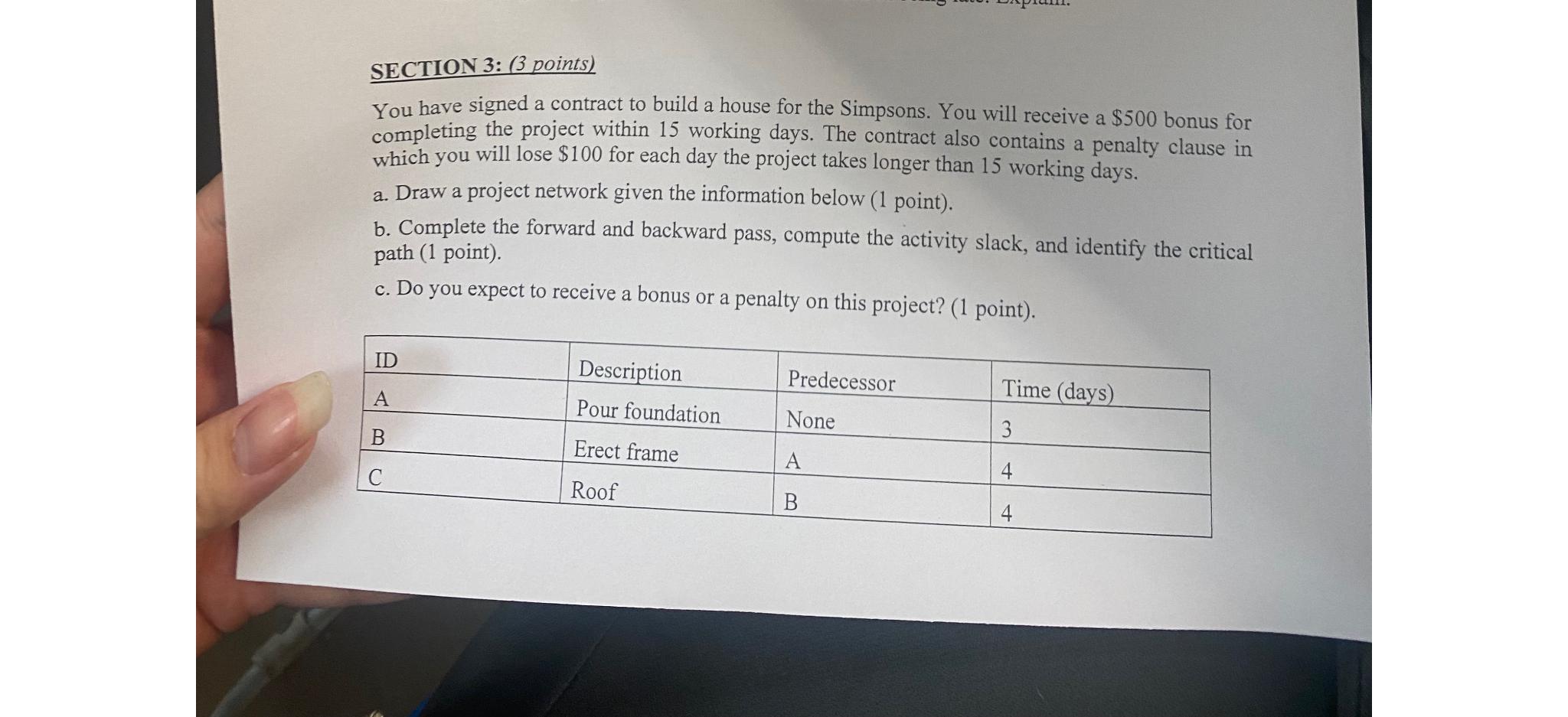  SECTION 3: (3 points) You have signed a contract to build