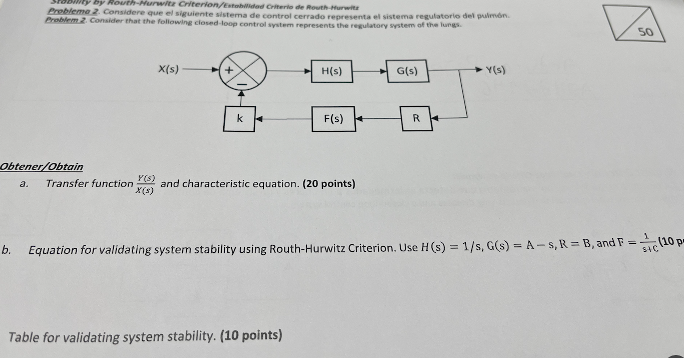 Stability by Routh-Hurwitz Criterion Consider that the following closed-loop control system represents
