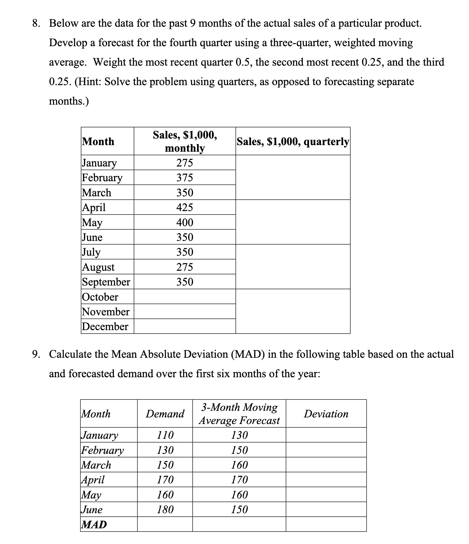  8. Below are the data for the past 9 months of