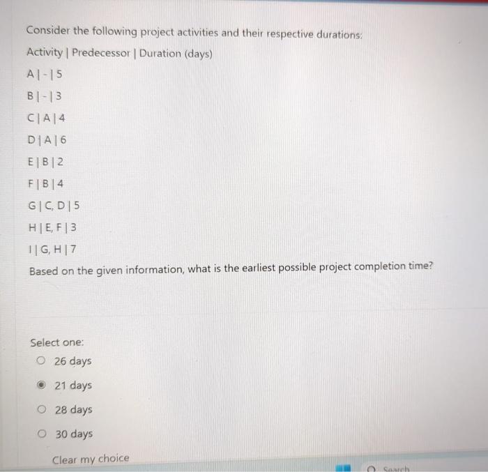  Consider the following project activities and their respective durations: Activity |