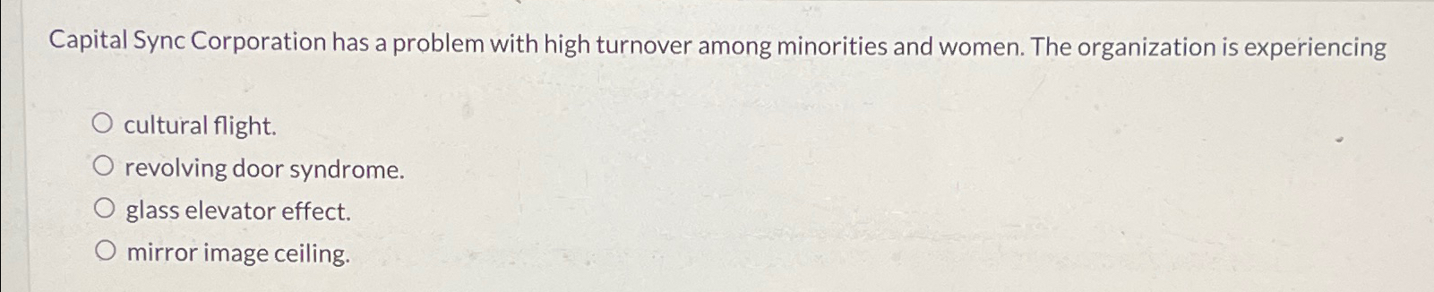  Capital Sync Corporation has a problem with high turnover among minorities