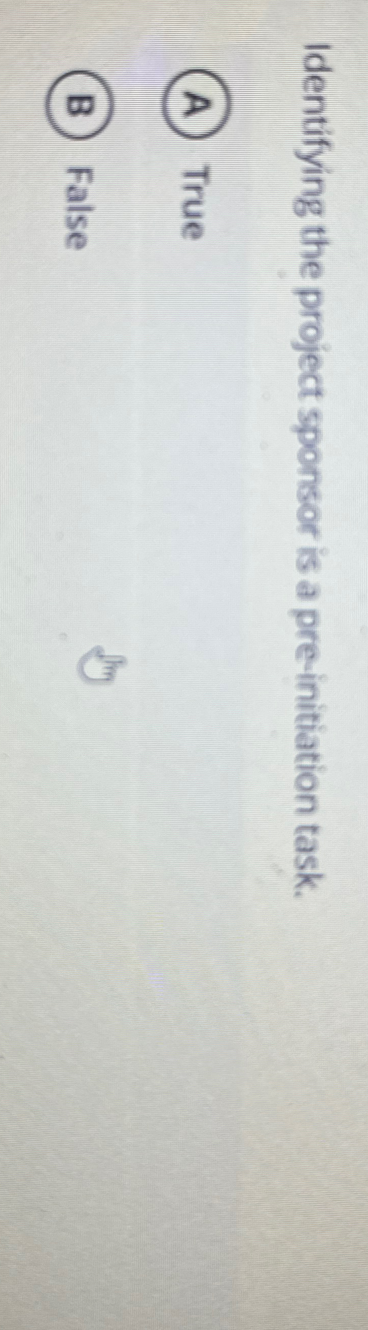  Identifying the project sponsor is a pre-initiation task. True False 
