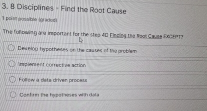  8 Disciplines - Find the Root Cause 1 point possible (graded)