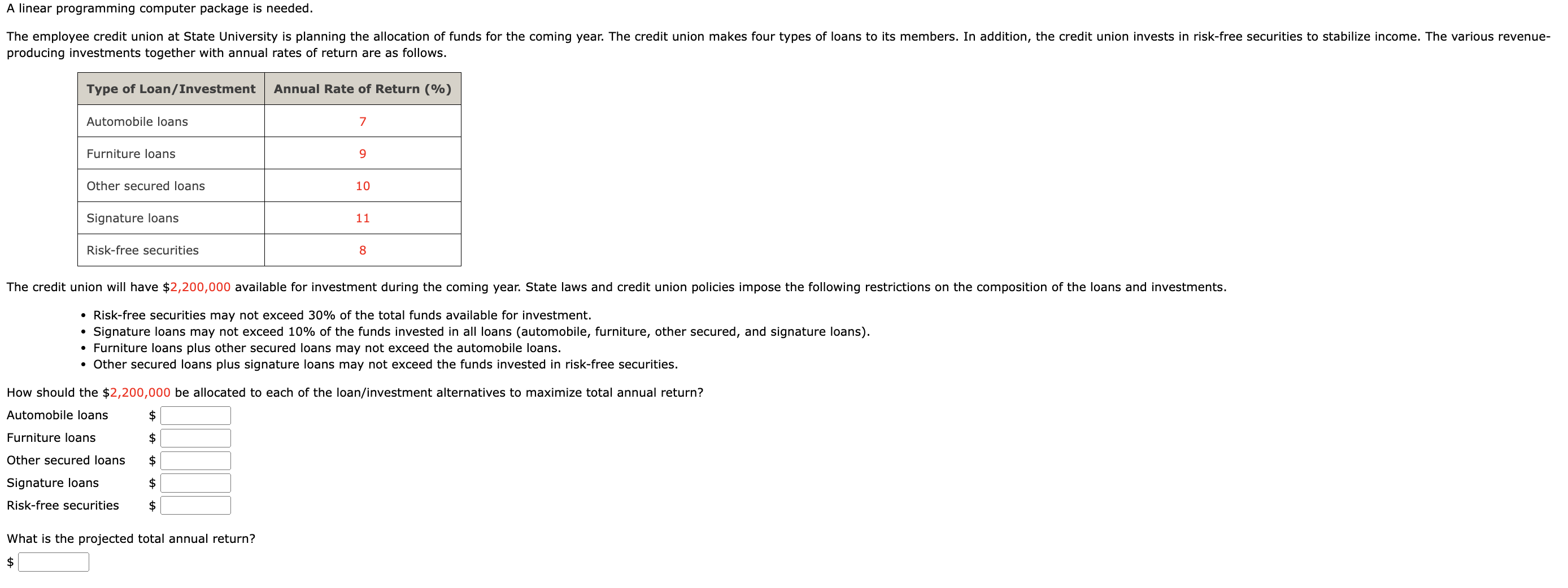 A linear programming computer package is needed. The employee credit union at