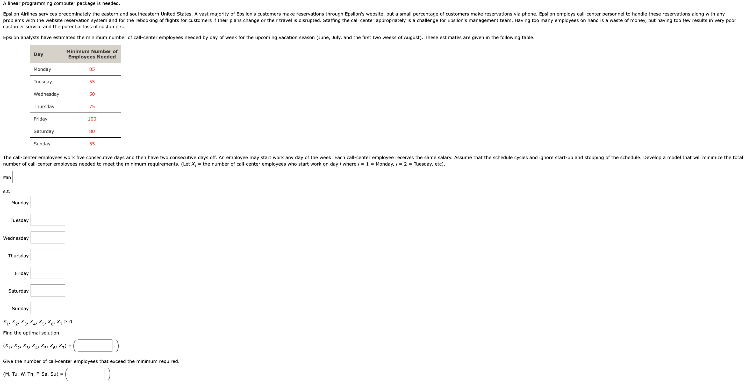 A linear programming computer package is needed. Epsilon Airlines services predominately the