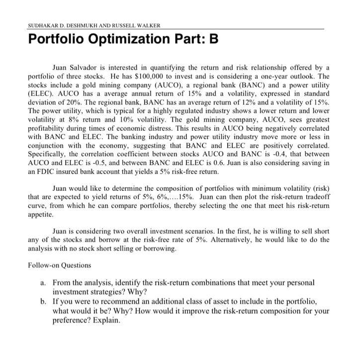 Using an Excel optimization model, what are the risk-return compositions for each