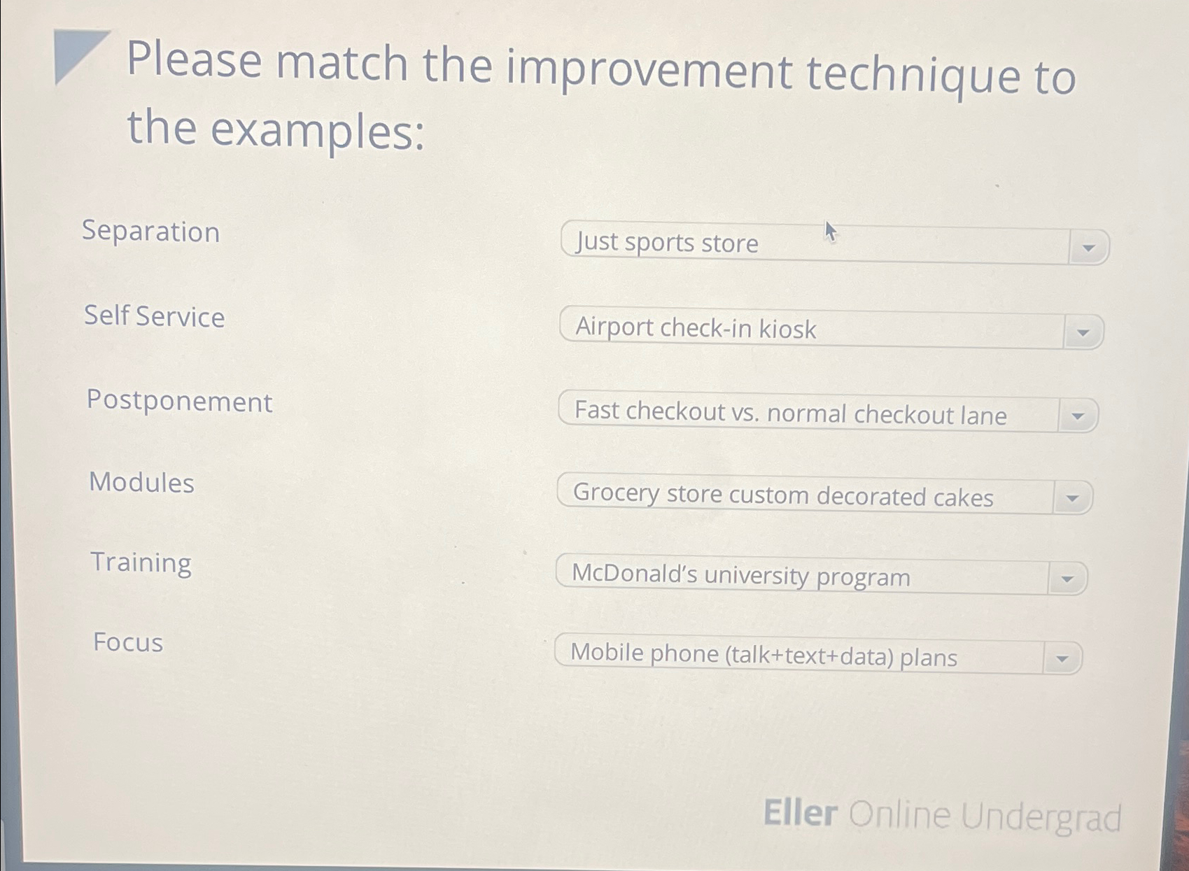  Please match the improvement technique to the examples: Separation Self Service