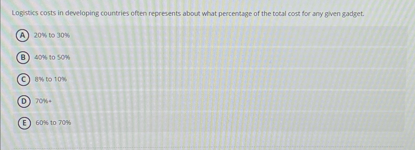  Logistics costs in developing countries often represents about what percentage of