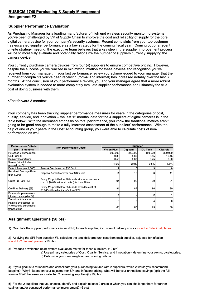  ANSWER IN EXCEL: BUSSCM 1740 Purchasing & Supply Management Assignment #2