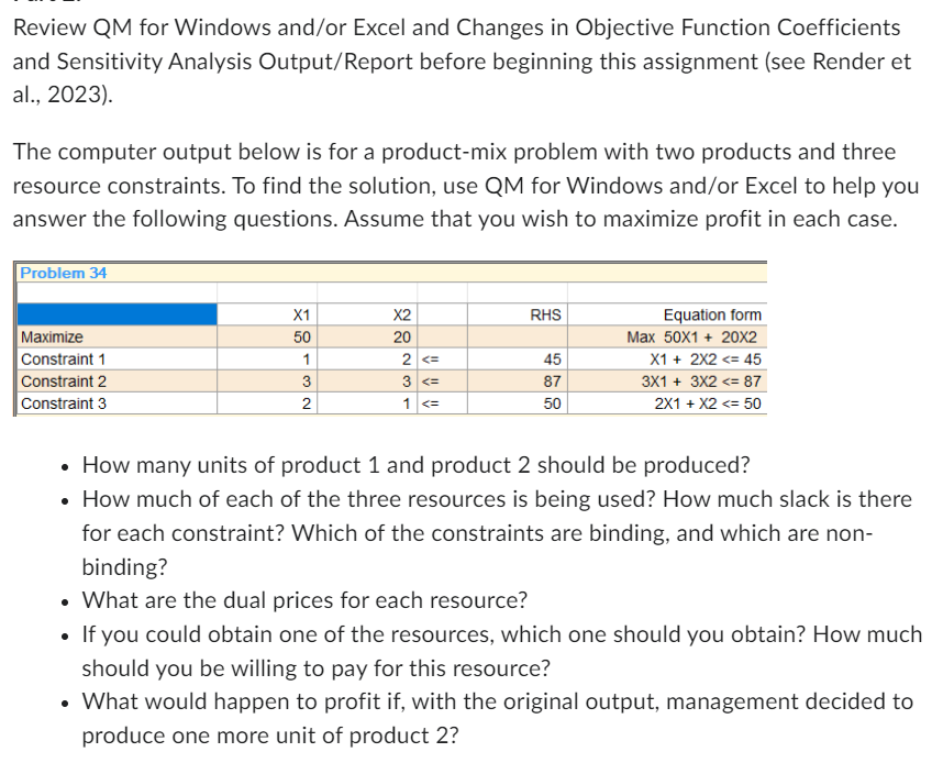  Review QM for Windows and/or Excel and Changes in Objective Function