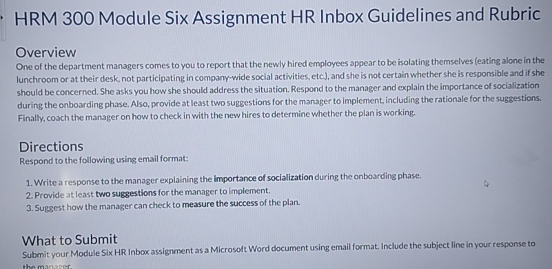  HRM 300 Module Six Assignment HR Inbox Guidelines and Rubric Overview