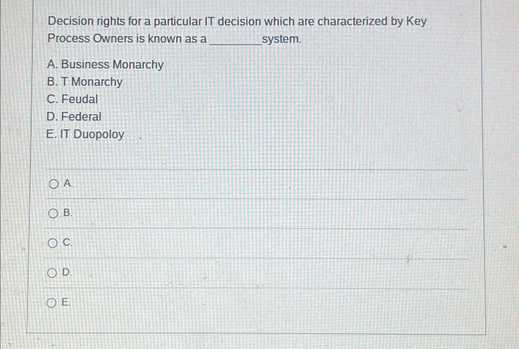  Decision rights for a particular IT decision which are characterized by