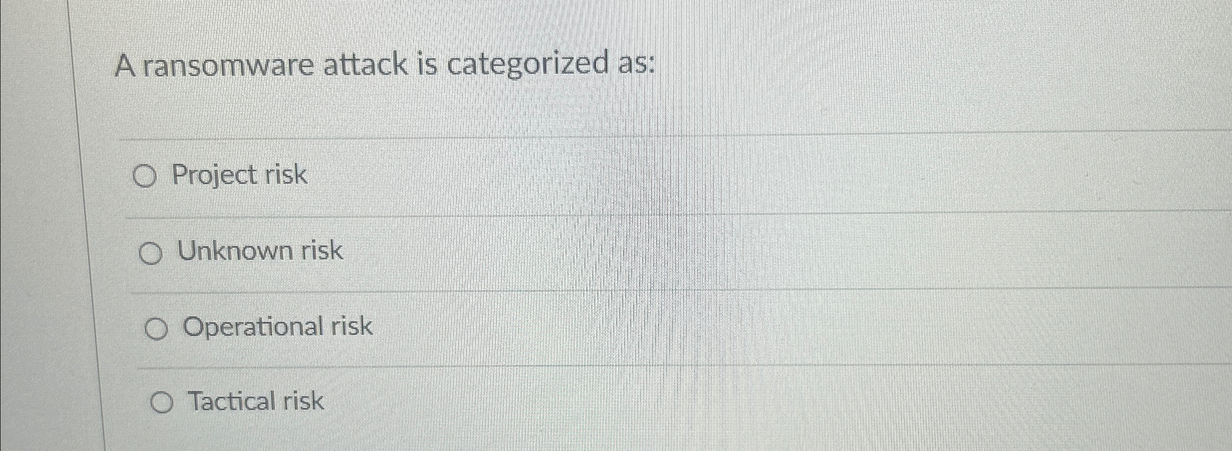  A ransomware attack is categorized as: Project risk Unknown risk Operational