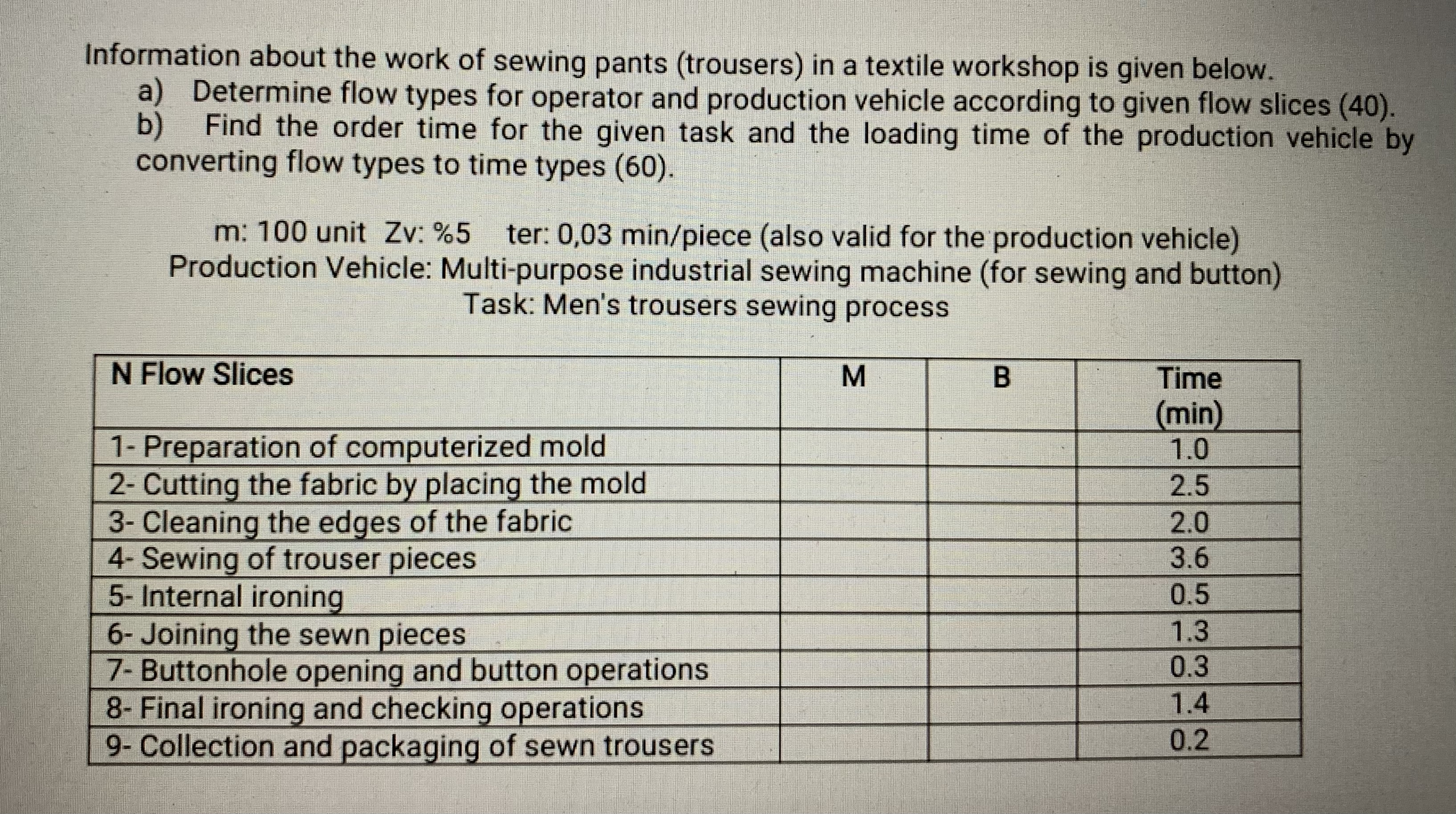  a) Determine flow types for operator and production vehicle according to