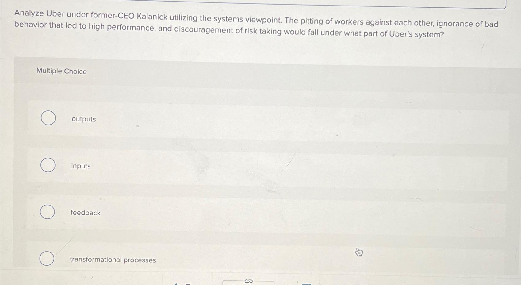  Analyze Uber under former-CEO Kalanick utilizing the systems viewpoint. The pitting