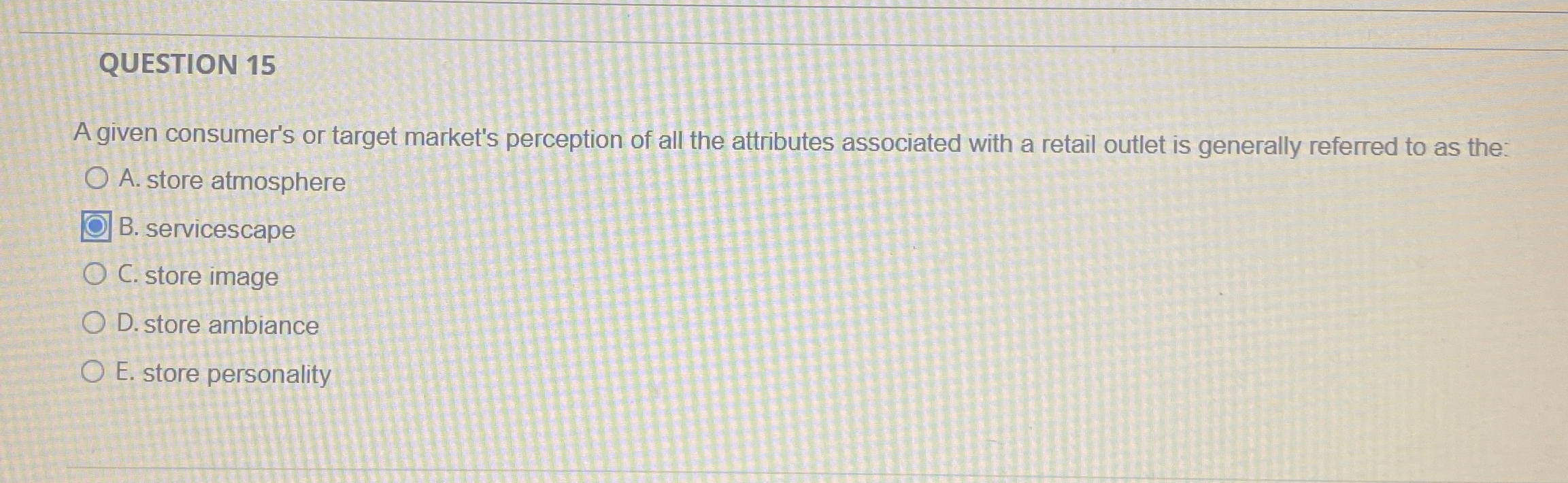  QUESTION 15 A given consumer's or target market's perception of all