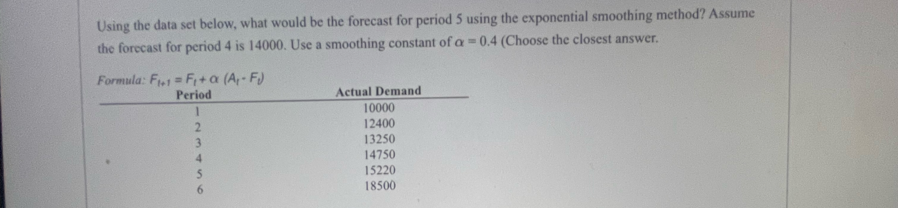  Using the data set below, what would be the forecast for