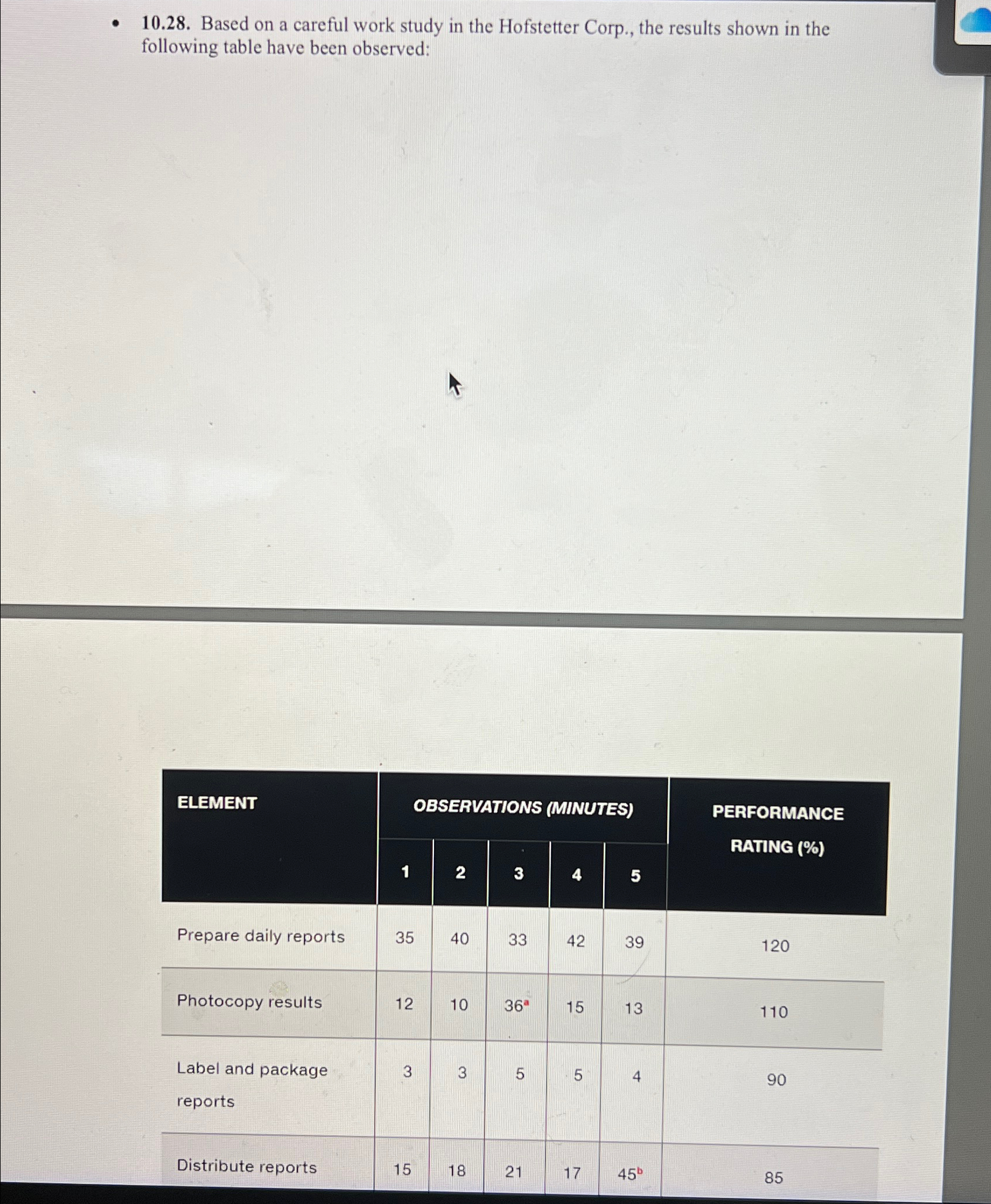  10.28. Based on a careful work study in the Hofstetter Corp.,