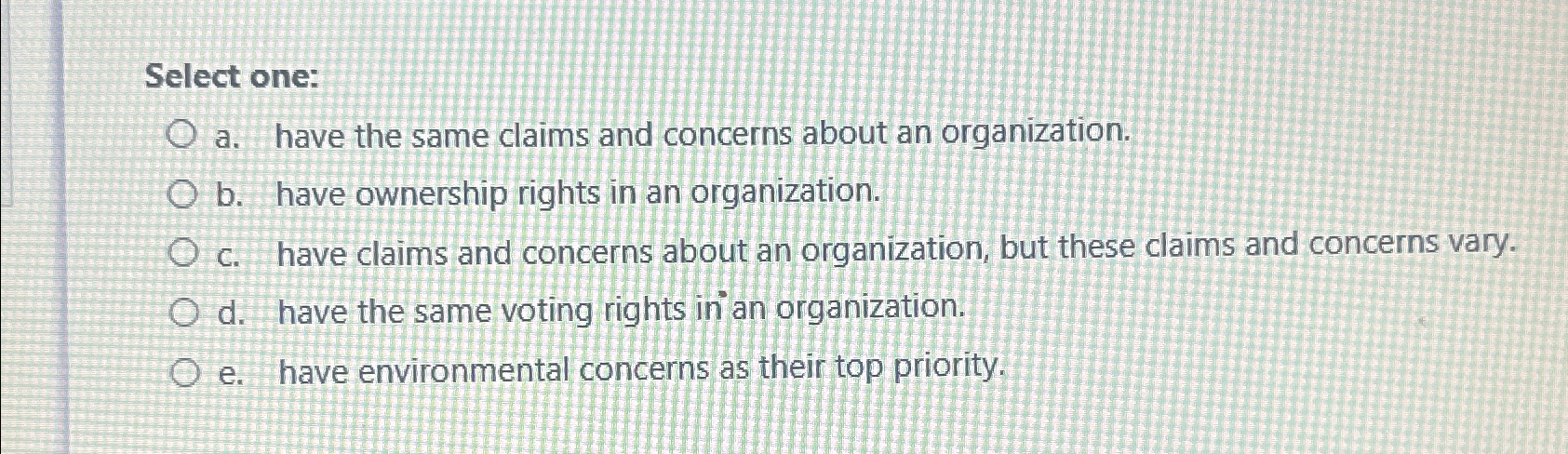  Select one: a. have the same claims and concerns about an