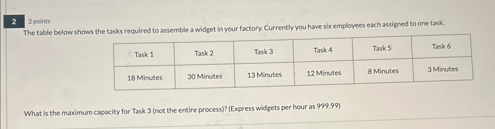  2 2 points The table below shows the tasks required to