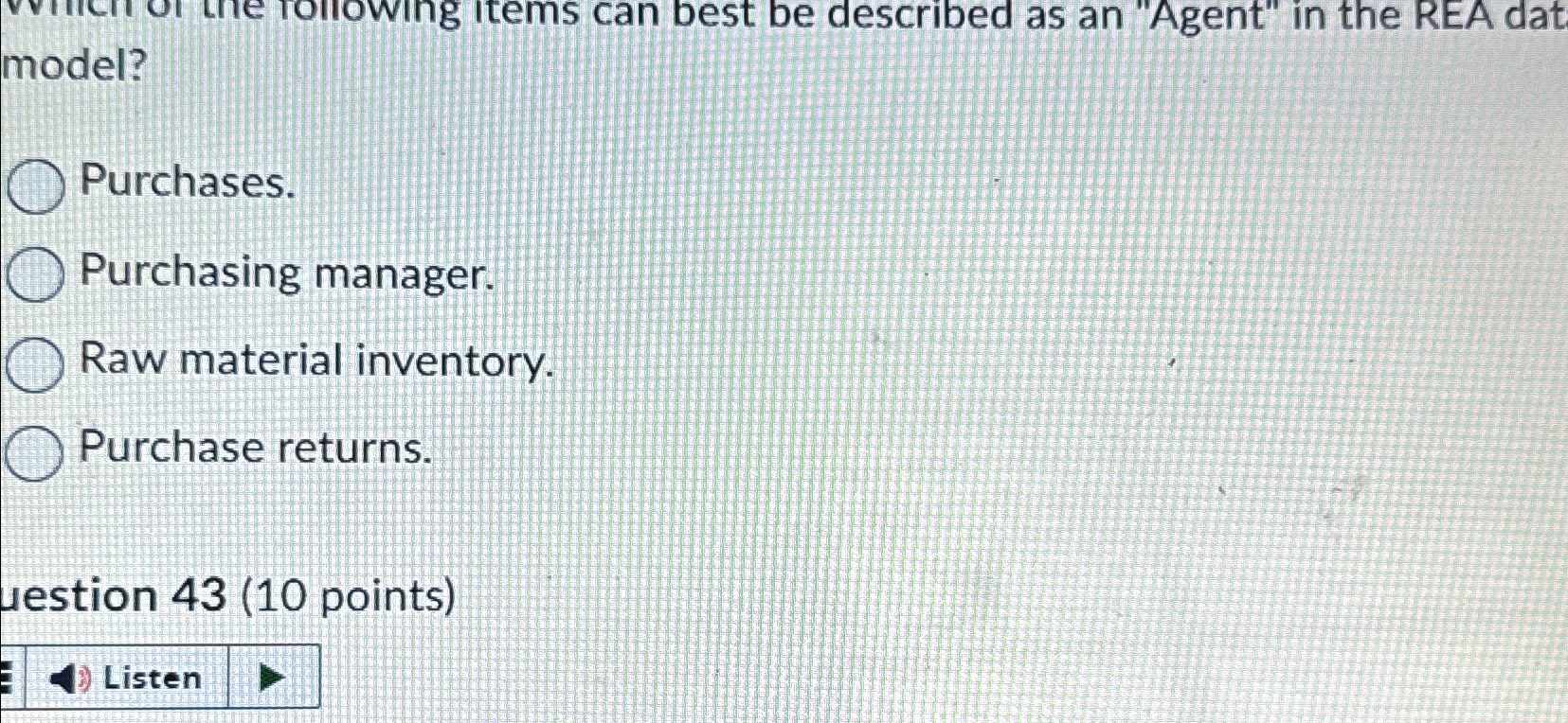  model? Purchases. Purchasing manager. Raw material inventory. Purchase returns. uestion 43(10