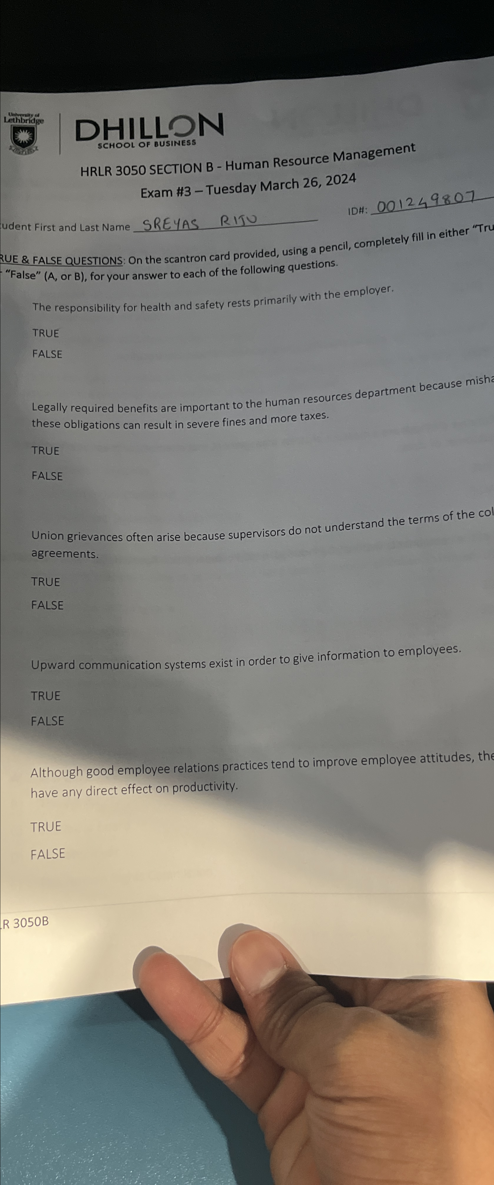  DHILLON HRLR 3050 SECTION B - Human Resource Management Exam #3-