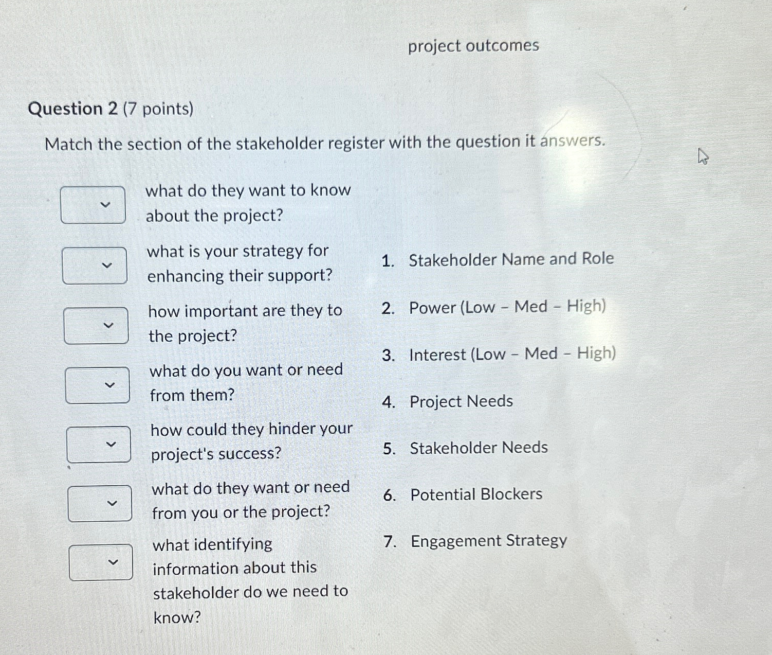  project outcomes Question 2(7 points) Match the section of the stakeholder