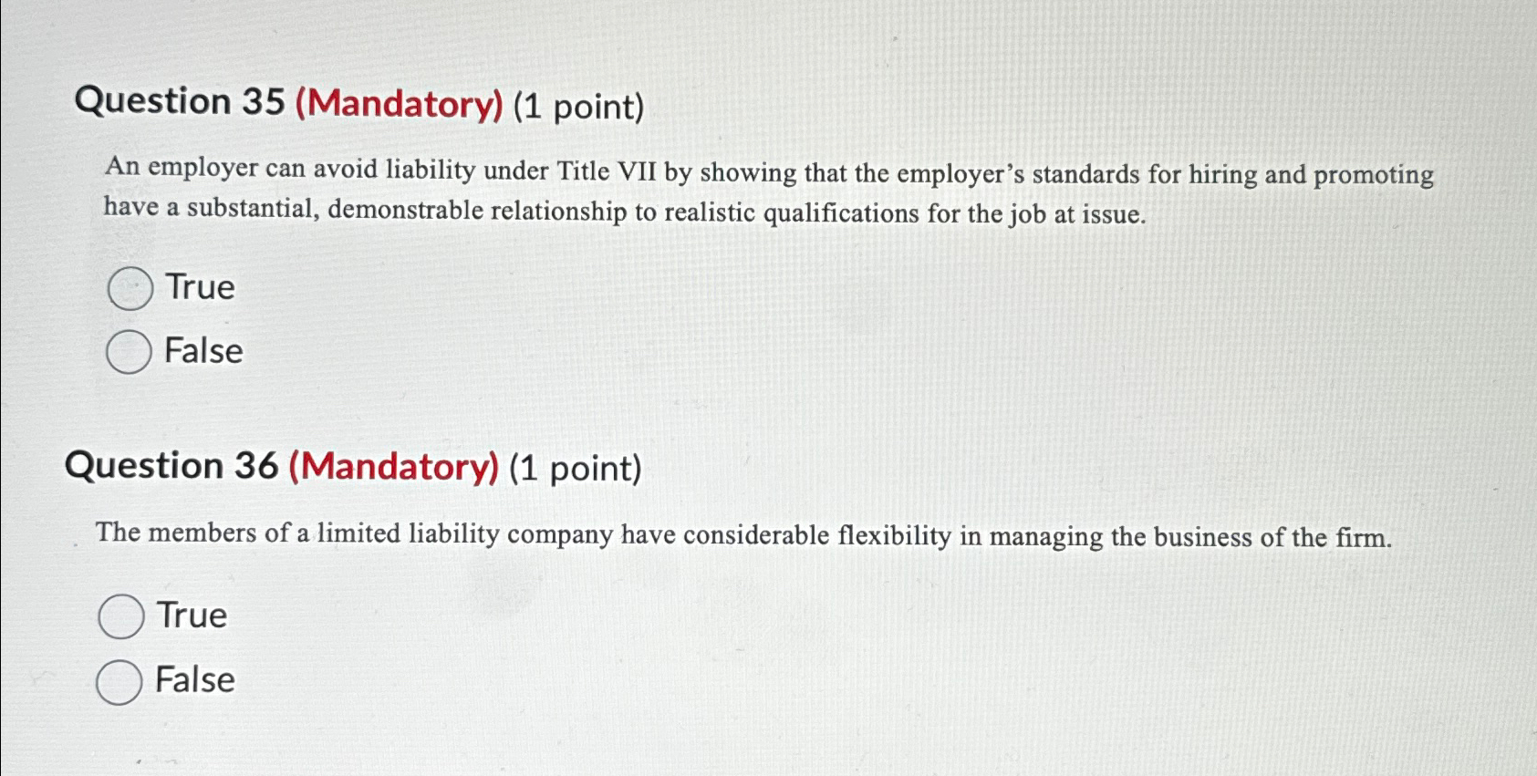  Question 35(Mandatory)(1 point) An employer can avoid liability under Title VII