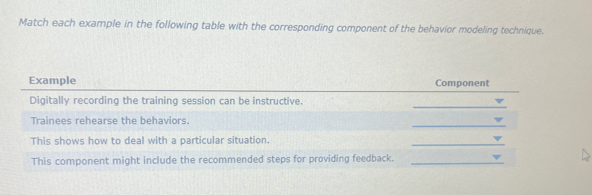  Match each example in the following table with the corresponding component