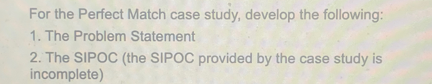  For the Perfect Match case study, develop the following: The Problem