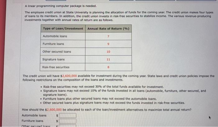 Please help and show work thank you! A linear programming computer package