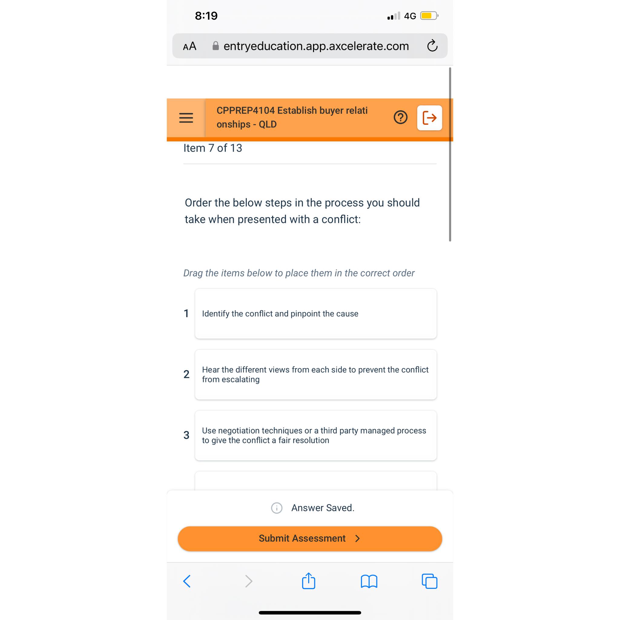  8:19 4G AA entryeducation.app.axcelerate.com CPPREP4104 Establish buyer relati onships - QLD